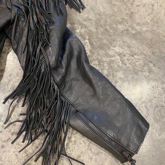 Black Leather Vintage Biker Jacket with Fringe and Rose Detail - Picture 8 of 13